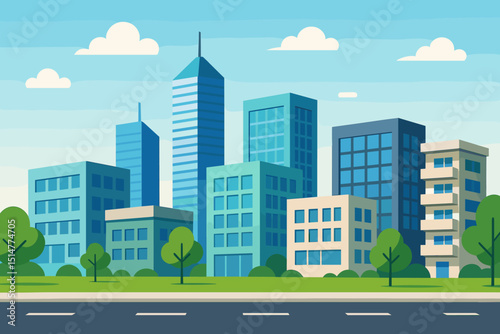 Modern cityscape illustration with tall skyscrapers, office buildings, and green trees along a street. Vector background of a contemporary city skyline. Urban architecture and city life concept.