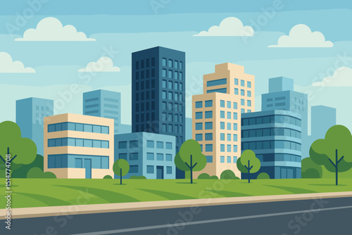 Modern cityscape illustration, cartoon city background with downtown buildings, skyscrapers, park, and road. Urban landscape vector. Metropolis architecture for business, real estate, and design.