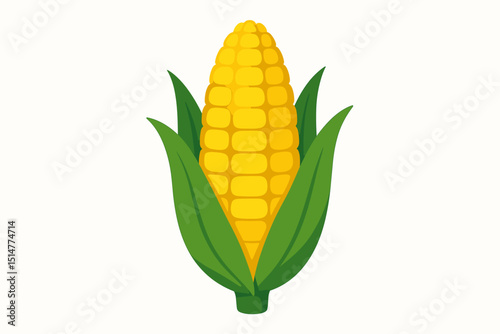 Sweet corn on cob vector illustration. Ripe yellow maize kernels with green leaves. Healthy organic vegetable, farm harvest. Flat design icon for food, agriculture, grocery. Vegetarian diet foodstuff.