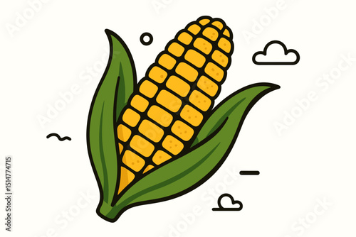 Corn on the cob vector illustration in flat design. Yellow maize ear with green husks. Healthy organic vegetable, sweetcorn food icon for farm market, agriculture, harvest, grocery. Clipart.