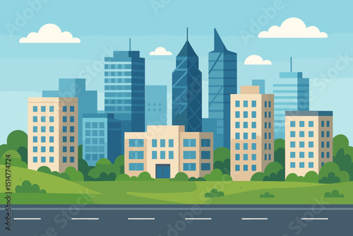 Modern Cityscape Illustration. Urban landscape with skyscrapers and office buildings. Downtown business district view. City background with park, trees, road and sky. Flat vector design.