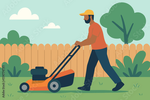 Gardener mowing lawn with push mower. Man at yard work in backyard garden. Summer landscaping service, property maintenance. Green grass care concept. Flat vector character illustration.