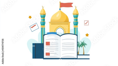 Open book, mosque, and religious study illustration