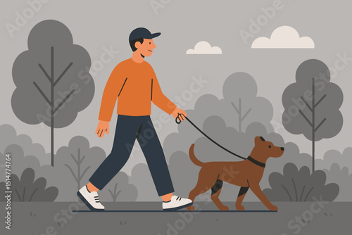 Man walking with his dog on a leash in a city park. Vector illustration of pet owner and canine companion enjoying outdoor activity. Healthy lifestyle, leisure, animal care, and friendship concept.