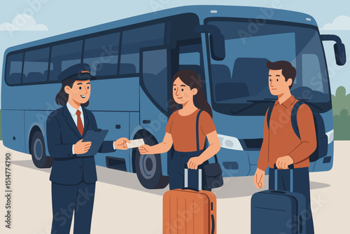 Bus operator in uniform checks passenger tickets before boarding. Man and woman with luggage ready for travel. Public transportation service, journey concept vector illustration.