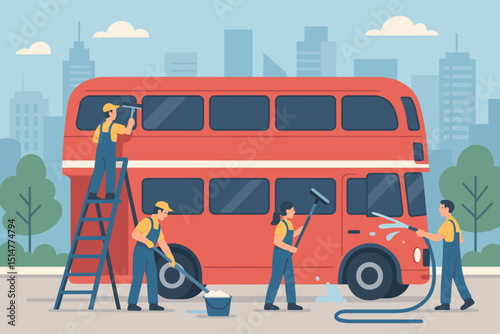 Bus cleaning service team at work illustration. Professional cleaners washing red double-decker public transport vehicle with water, soap, squeegees in city. Maintenance crew vector.