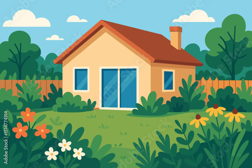 Modern backyard oasis with suburban house, landscaped garden, green lawn, blooming flowers, wooden fence, and trees. Sunny day illustration for real estate, idyllic home, and outdoor living.