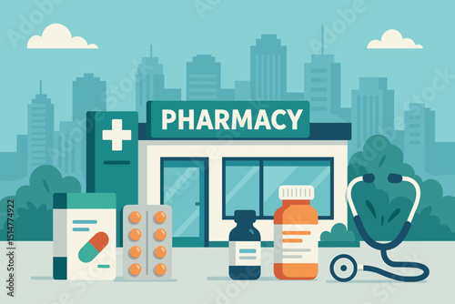 Modern pharmacy building illustration with cityscape background. Healthcare concept with medication, pills, prescription drugs, and stethoscope. Urban drugstore for medical care and wellness.