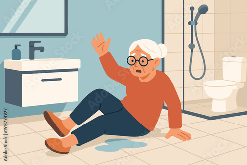 Elderly woman falling bathroom accident. Senior citizen slip danger. Wet floor hazard. Home safety injury risk. Grandmother down. Medical emergency help. Domestic incident prevention concept.