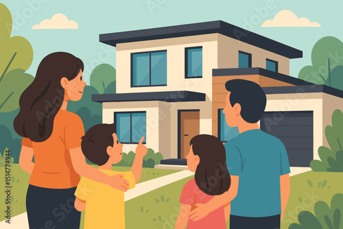 Family new home. Modern house. Happy parents children. Real estate investment. Suburban property ownership. Moving day excitement. Dream home future. Residential building. Family life concept.