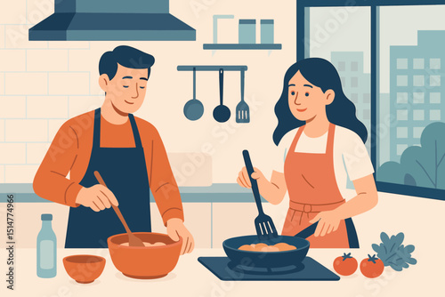 Young couple cooking together in modern condo kitchen, culinary teamwork. Man and woman preparing healthy food. Home lifestyle, domestic activity, relationship goals. Vector flat design illustration.