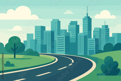 Modern flat design vector illustration of a winding road leading to a vibrant city skyline. Urban landscape with skyscrapers, trees, and clouds. Concept of journey, destination, future, progress.
