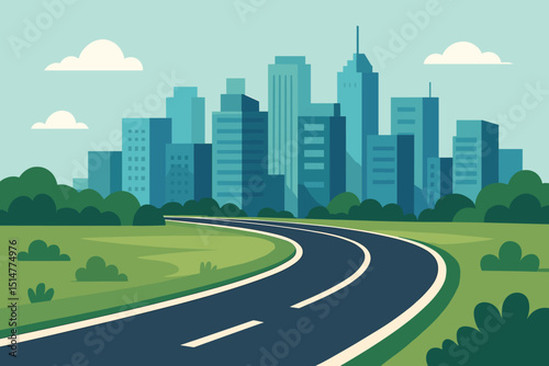 Urban cityscape cartoon background with winding road leading to modern city skyline. Flat design vector illustration of a highway journey towards town buildings, trees, and blue sky.