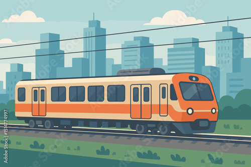 Urban commuter train illustration. Modern city public transport vector graphic. Commuting concept with cityscape background. Flat design style locomotive on railway tracks for travel and transit.