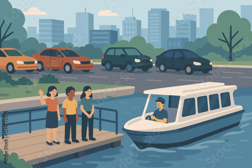 City commuters await water taxi on urban riverfront. Diverse group of people at pier, boat arriving. Public transportation, alternative travel, modern cityscape vector illustration.