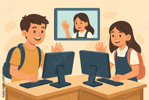 Virtual classroom greetings: Students wave during online learning. E-learning, remote education, digital school concept. Children, computers, video call, homeschool, modern education technology.