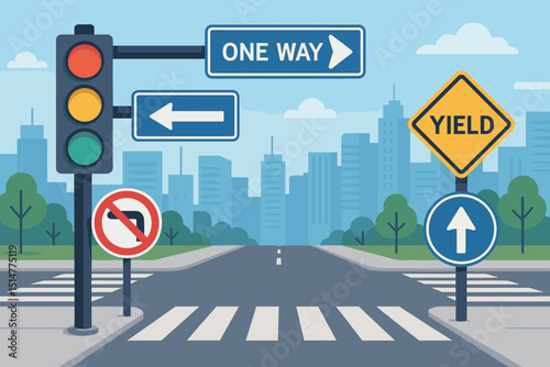 Cityscape street intersection with traffic light, yield sign, one way signs, no left turn symbol, and crosswalk. Urban road safety vector illustration for driving education and transportation concept.