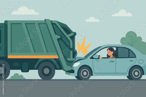 Car accident illustration. Garbage truck and sedan collision. Road traffic crash, vehicle damage, insurance claim concept. Emergency situation, safety hazard, driving danger vector. Auto incident.