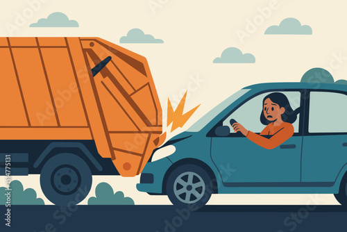 Car accident vector illustration. Garbage truck collides with passenger car driven by shocked woman. Road safety concept, traffic collision, vehicle damage, emergency, insurance claim.