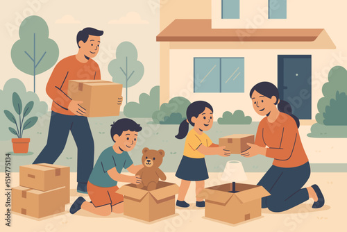 Family joyfully moving into their new suburban house, parents and children unpacking moving boxes together. Concept of home ownership, real estate investment, and a fresh start. Flat vector design.