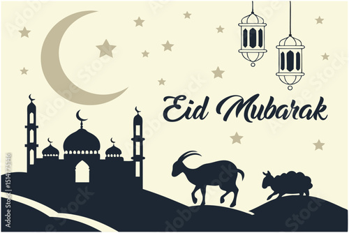 The Islamic holiday of Eid al-Adha Mubarak, the silhouettes of Middle Eastern Arab architecture, the crescent moon and stars, goats and sheep, and gold lanterns