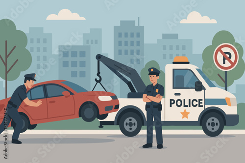 Police tow truck towing illegally parked car on city street. Officers enforce no parking zone. Vehicle impound, traffic law violation, roadside recovery, urban law enforcement vector.