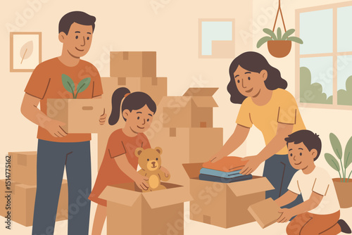 Happy family moving day vector illustration. Parents and children packing or unpacking cardboard boxes together for their new home. Relocation concept, people moving belongings.