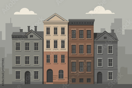 Urban cityscape vector illustration with detailed townhouses and apartment buildings. Classic architecture facades in a row. Flat design residential district. Real estate, city life concept.