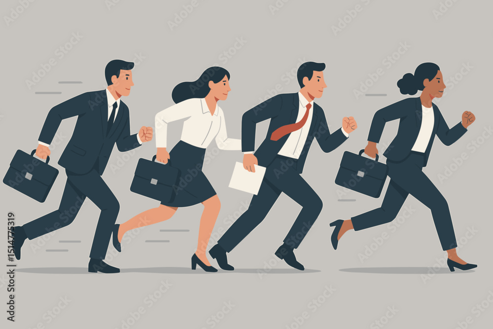Business team running. Diverse professionals chasing success. Corporate race competition concept. Career ambition, motivation, progress. Office workers, men, women with briefcases. Business team running. Diverse professionals chasing success. Corporate race competition concept. Career ambition, motivation, progress. Office workers, men, women with briefcases.