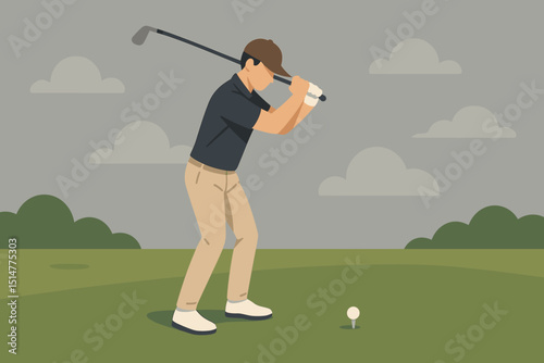 Male golfer perfecting backswing, practicing powerful golf swing on green fairway. Man with club ready for tee shot. Outdoor sport, leisure, recreation, training. Flat vector illustration.