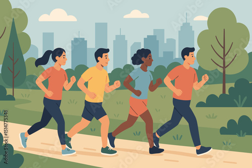 Diverse people jogging city park. Group running exercise. Healthy active lifestyle. Fitness training outdoor. Sport activity concept. Urban recreation. Cityscape backdrop. Flat vector design.