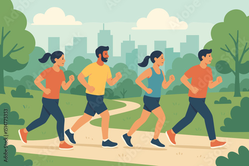 Runners jogging city park. Group fitness exercise. Healthy active lifestyle. Outdoor sport training. People workout. Urban nature skyline. Men women characters. Vector illustration flat design.