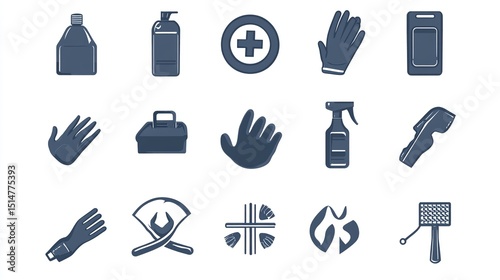 Collection of various dark-toned, flat icons depicting cleaning, safety, and hygiene supplies.  Icons include bottles, gloves, a first-aid symbol, spray bottles, tools, and other related items
