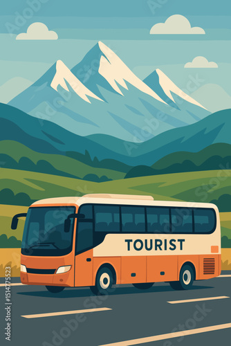 Tourist bus journey through scenic mountain landscape. Vector illustration of a coach on a road trip, perfect for travel, vacation, and adventure concepts. Transportation for sightseeing.