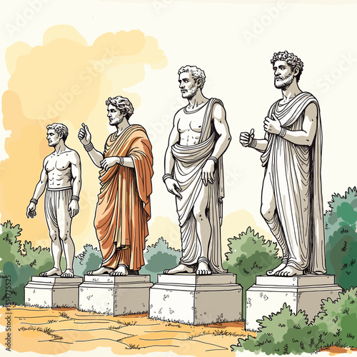 Statues of ancient Roman figures in a garden setting with greenery - Concept of The Cultural Heritage of Ancient Rome, Drawings in Children's Imagination  