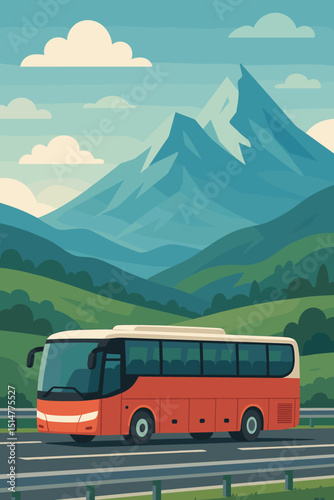Tourist bus journey through scenic mountain landscape. Vector illustration of modern coach on highway, adventure travel, road trip concept. Flat design for tourism, transportation, holiday.