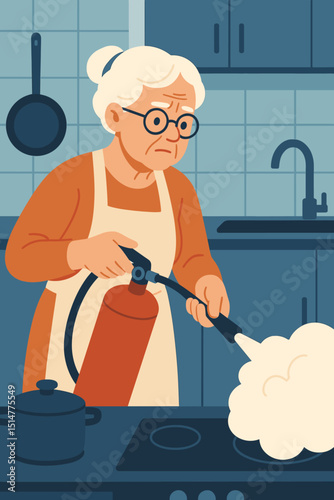 Elderly woman extinguishing kitchen fire with extinguisher. Home safety, emergency preparedness. Senior citizen tackling cooking accident on stove. Hazard prevention illustration. Vector.