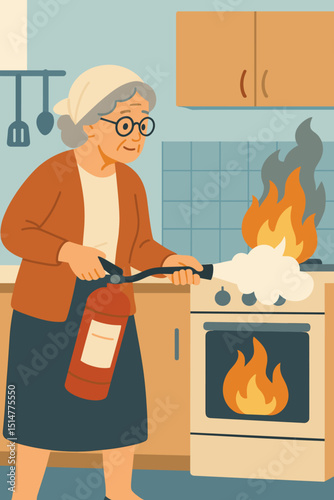 Elderly woman using fire extinguisher to fight kitchen stove fire. Home safety, emergency preparedness, cooking accident prevention. Senior citizen tackling flames with safety equipment. Vector.