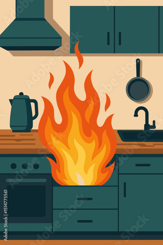 Kitchen fire. Home accident. Flames on countertop. Stove burning. House on fire. Domestic disaster. Emergency. Safety alert. Insurance. Hazard risk. Property damage. Vector illustration. Flat design.