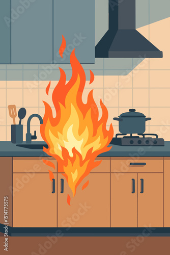 Kitchen fire disaster. Flames erupting from stove and counter in a modern home interior. Concept of domestic accident, cooking hazard, emergency, danger, and safety. Vector illustration.