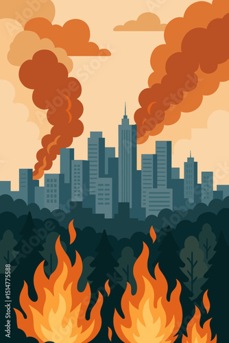 Raging wildfire at city edge: Forest fire with massive smoke plumes threatening urban skyline. Vector art illustrating climate change, environmental disaster, pollution crisis, and urgent emergency.