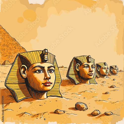 Ancient Egyptian monument heads in desert landscape illustration  
