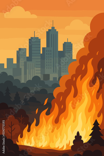 City edge wildfire disaster, forest fire flames & smoke threatening urban skyline. Environmental emergency, climate change impact. Burning nature, buildings at risk. Vector illustration.