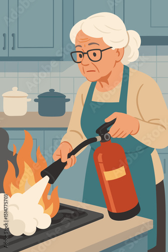 Senior woman extinguishing kitchen fire with extinguisher. Elderly housewife in apron reacting to dangerous stove flames. Home safety, emergency preparedness, accident prevention concept.