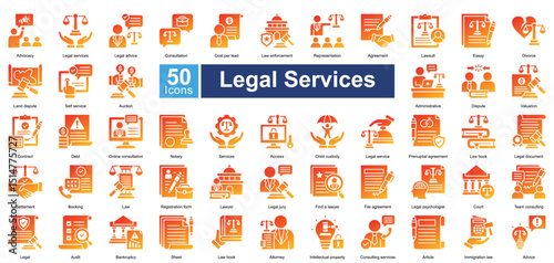 Legal Services icon set contains 50 icons including access, child custody, legal service, prenuptial agreement, law book, legal document, settlement, booking, simple vector glyph gradient style.