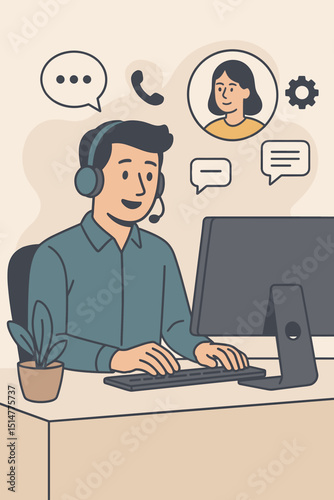 Call center agent providing customer service. Male operator with headset working on computer. Online support, telemarketing assistant, helpline consultant. Communication concept vector.