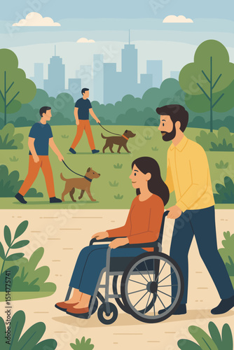 City park stroll illustration. Man assisting woman in wheelchair. People enjoying leisure time outdoors, walking dogs. Urban landscape. Concept of accessibility, inclusion, disability, support, care.