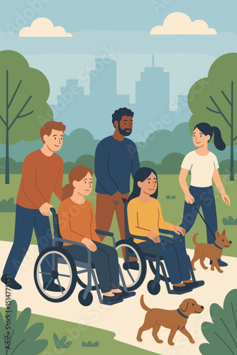 City park stroll with diverse friends and pets. Wheelchair users enjoying accessible outdoor recreation. Concept of inclusion, community, support, active lifestyle, and urban green space.