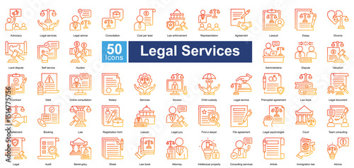 Legal Services icon set contains 50 icons including lawsuit, essay, divorce, land dispute, self service, auction, administrative, dispute, valuation, simple vector line gradient style.