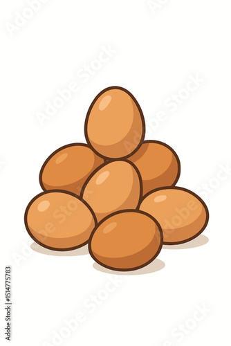 Pile of fresh brown eggs illustration. Stacked chicken eggs graphic, concept for healthy breakfast, protein source, cooking ingredient, farm food. Cartoon vector icon isolated on white background.